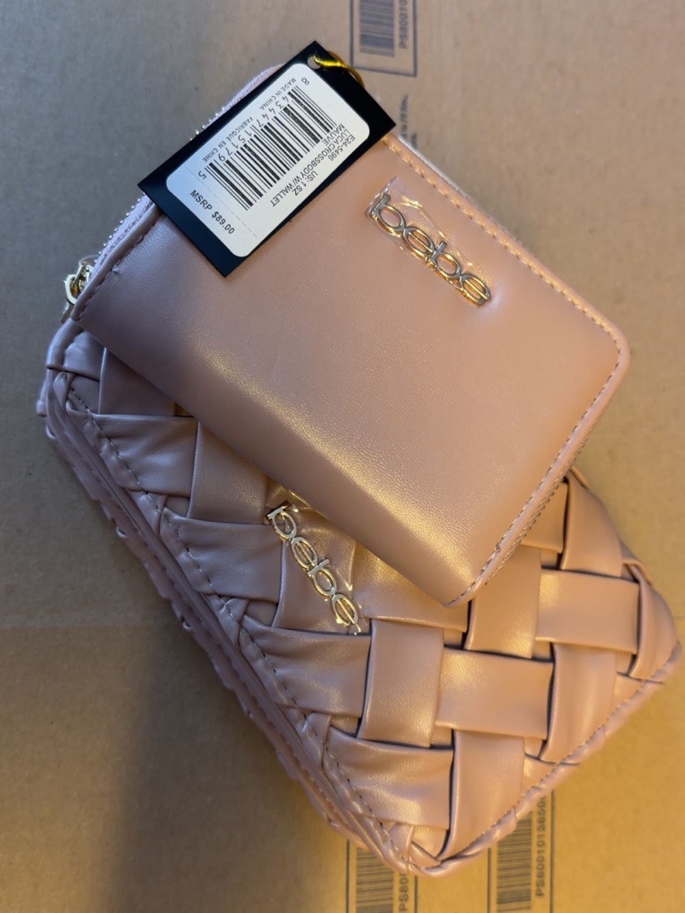 bebe Blush Pink Woven Crossbody and Zip Wallet Set
